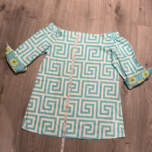 Unique Turquoise blue and white Greek key patterned off the shoulder shirt . - Picture 8 of 9